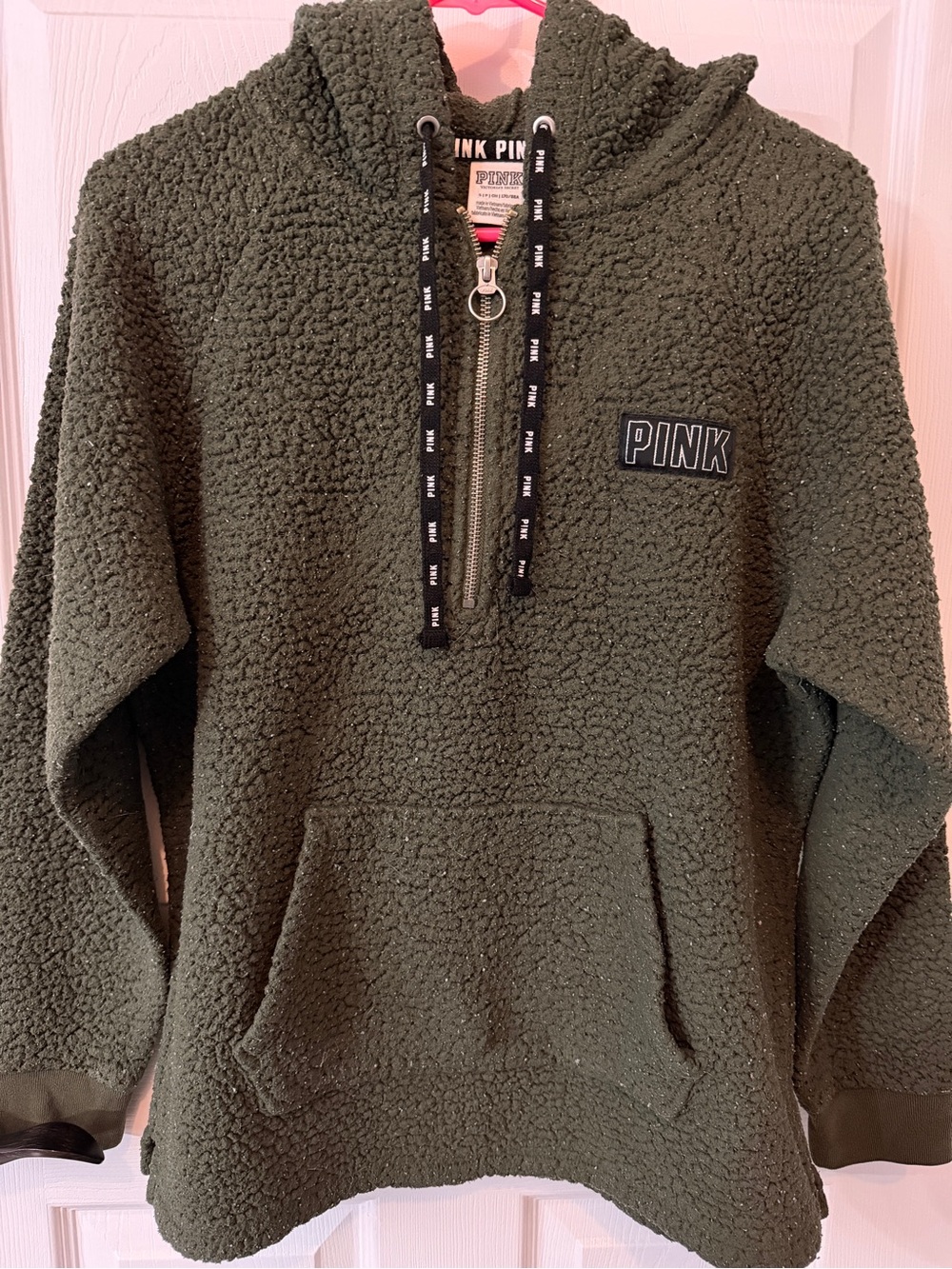 PINK Victoria's Secret Olive Green Sherpa Half-Zip Hoodie